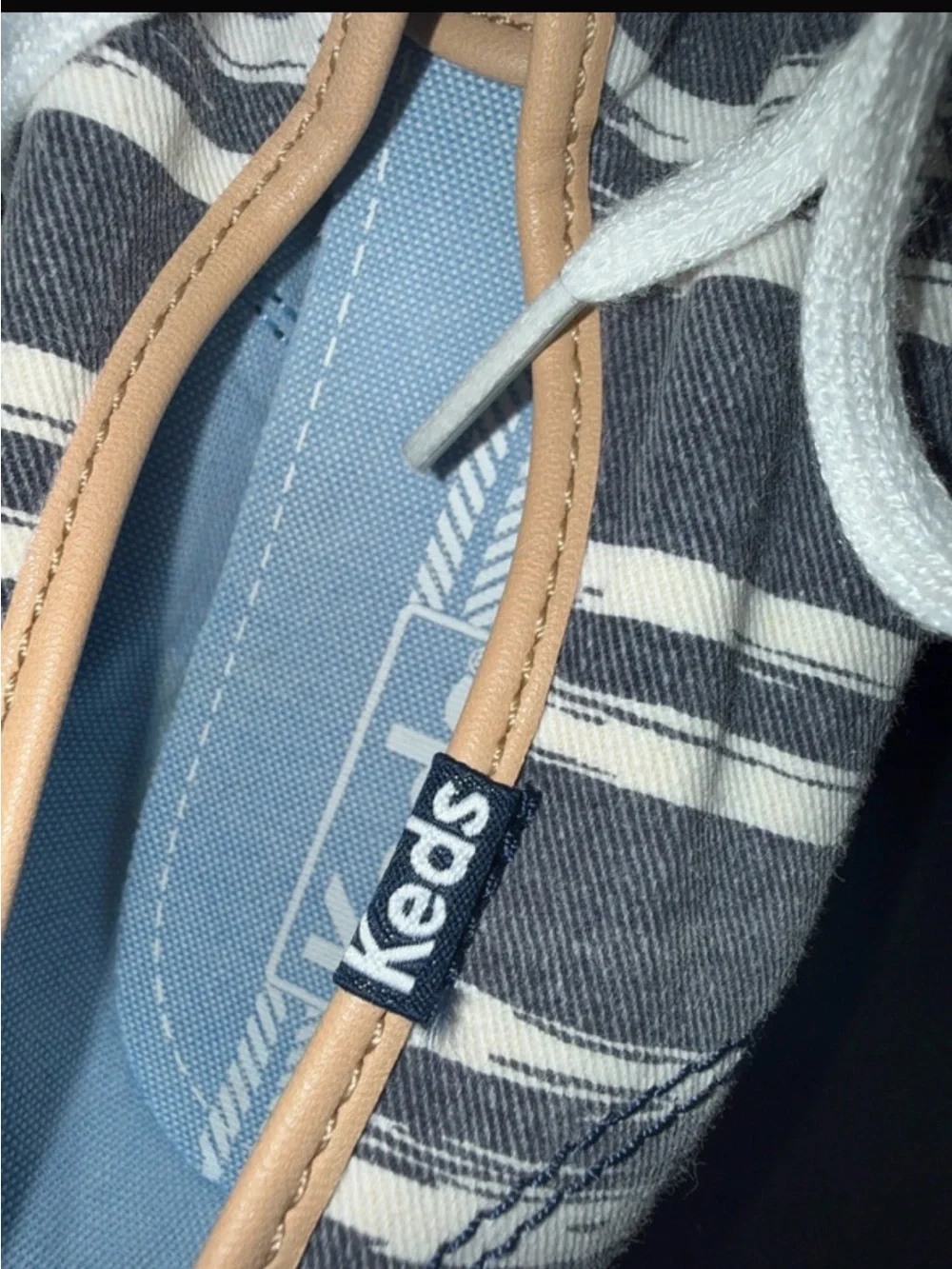 Keds Navy and White Striped Canvas Sneakers with Tan Trim
